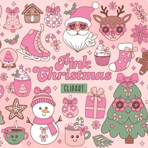 Pink Christmas clipart , Retro Coquette Christmas,Girly Xmas bow, pink Santa, Christmas tree, Snowman,Gingerbread, Cute reindeer, PNG SVG