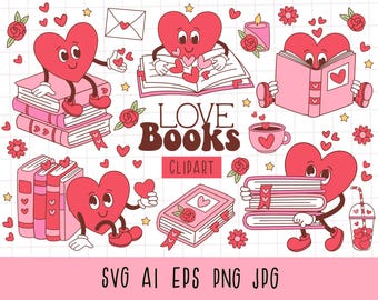 Clipart de libros de San Valentín, Clipart de San Valentín, Libros retro de San Valentín, Corazón de San Valentín, personajes románticos divertidos y geniales, SVG de amor, PNG lindo