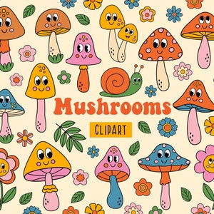 Pilz Cartoon Charakter Design, Groovy Retro Pilze Clipart, Flower Power Clipart, Gänseblümchen Blume, niedlicher Kawaii Pilz Png, Biene, Schnecke