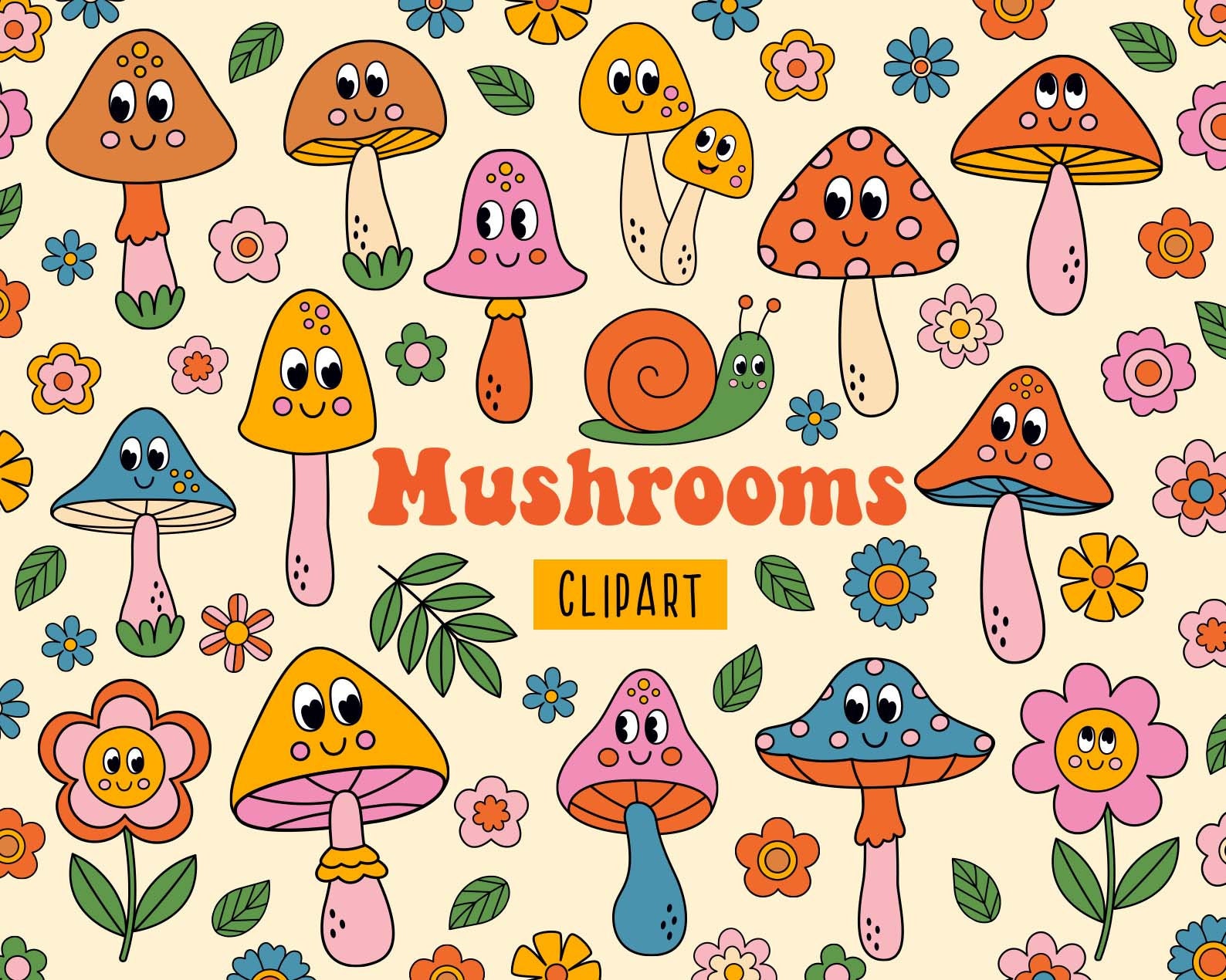 Mushroom Cartoon Character Design, Groovy retro mushrooms clipart, Flower power clipart, Daisy flower, Cute Kawaii Mushroom Png, Bee, Snail