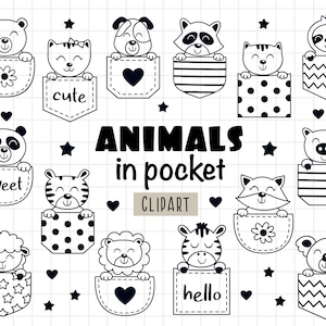 ポケットの中の動物のクリップアート、ポケット動物農場の SVG、かわいいペットの SVG、赤ちゃん動物の SVG、白黒、動物のクリップアート、ペットの SVG、ポケット犬