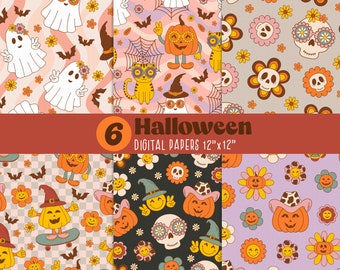 Groovy Halloween digital paper pack, retro halloween, hippie, flower power, Halloween Seamless Repeat Pattern, Ghost, Spider, Pumpkins
