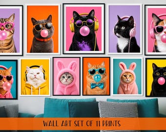 Funny Cat Wall Art Prints Set, Colorful Cat Posters, Cute Animal Decor, Pop Art Cat Prints, Printable Cat Art Bundle, Digital Download,