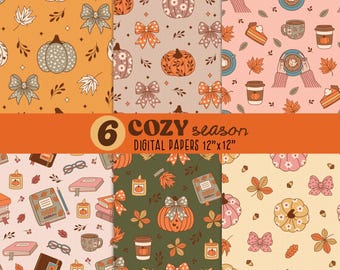 Naadloos herfstpatroon, cosy herfst digitaal papier, pompoenachtergrond, herfst afdrukbaar papier, digitaal boekenpapier, cosy herfstpatroon
