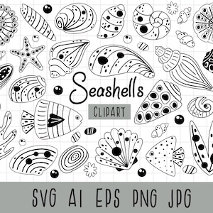 Seashell SVG, Outline Seashells, Sea Life, Ocean Seashell Clipart, Under the Sea Clipart, Ocean Sea Life PNG, Marine Plants, Seahorse, Fish