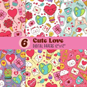 Puede incluir: Seis papeles digitales con patrones de temática de amor. Cada papel presenta un fondo de color diferente y una variedad de ilustraciones, que incluyen corazones, cupcakes, globos y más. Los papeles miden 12 pulgadas por 12 pulgadas.