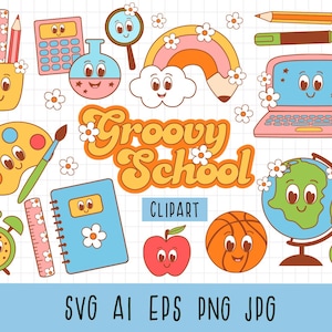Groovy Schule Clipart, Retro zurück zu Schule, Bildung Clipart, Schulbus, Schulzubehör, Groovy Lehrer PNG, SVG, EPS, Bildung