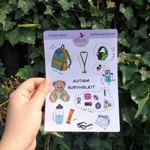 May include: A sticker sheet with an autism survival kit theme. The sheet includes a backpack, headphones, a fidget toy, a water bottle, a snack bar, sunglasses, a teddy bear, a sensory toy, and a communication card that says "YES".