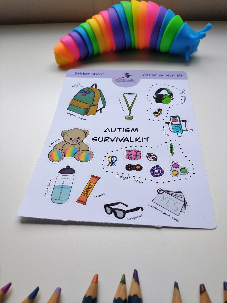 May include: A sticker sheet with a variety of images related to autism. The sheet includes a weighted backpack, a fidget toy, a water bottle, a snack bar, sunglasses, earplugs, a communication card, and a teddy bear. The sheet is titled "Autism Survival Kit".