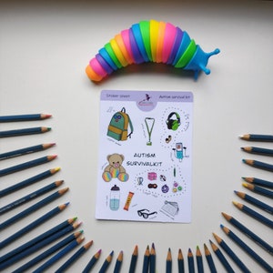 May include: A sticker sheet with a colorful backpack, a fidget toy, noise-canceling headphones, a water bottle, a granola bar, a teddy bear, and other items. The sticker sheet is titled "Autism Survival Kit".