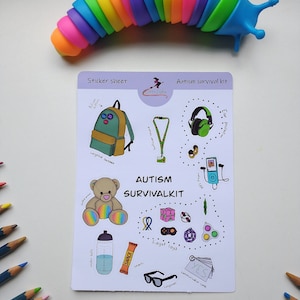 May include: A sticker sheet with a variety of images related to autism. The sheet includes a backpack, a weighted blanket, a fidget toy, a sensory toy, a communication card, and a pair of sunglasses. The text on the sheet reads "Autism Survival Kit".