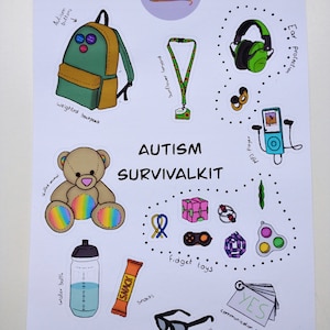 May include: A sticker sheet with a variety of images related to autism. The sheet includes a weighted backpack, a sensory lanyard, ear protection, a stuffed animal, fidget toys, sunglasses, a water bottle, a snack bar, and communication cards. The text "AUTISM SURVIVALKIT" is printed in large letters at the top of the sheet.