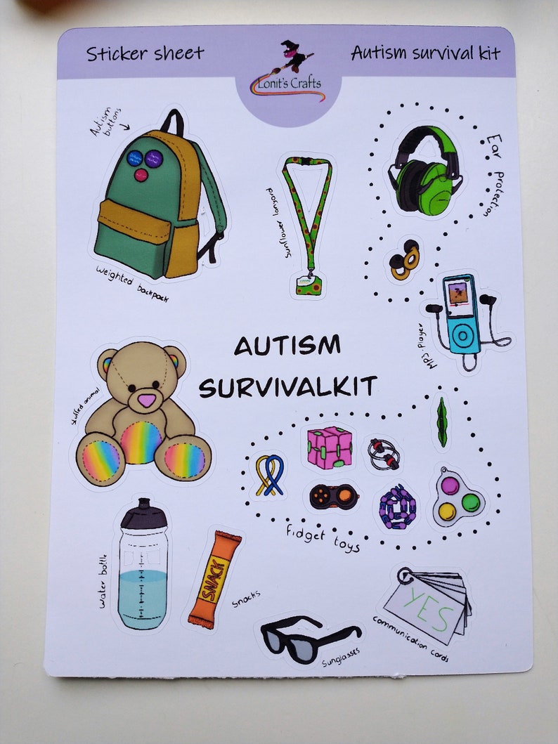 May include: A sticker sheet with a variety of images related to autism. The sheet includes a weighted backpack, a sensory lanyard, ear protection, a stuffed animal, fidget toys, sunglasses, a water bottle, a snack bar, and communication cards. The text "AUTISM SURVIVALKIT" is printed in large letters at the top of the sheet.