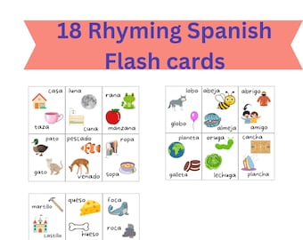 Set of 18 Spanish Rhyming Flash Cards, Preschool-educational Flashcards,  Spanish Homeschool Flash Cards. Spanish Montessori Classroom Decor 