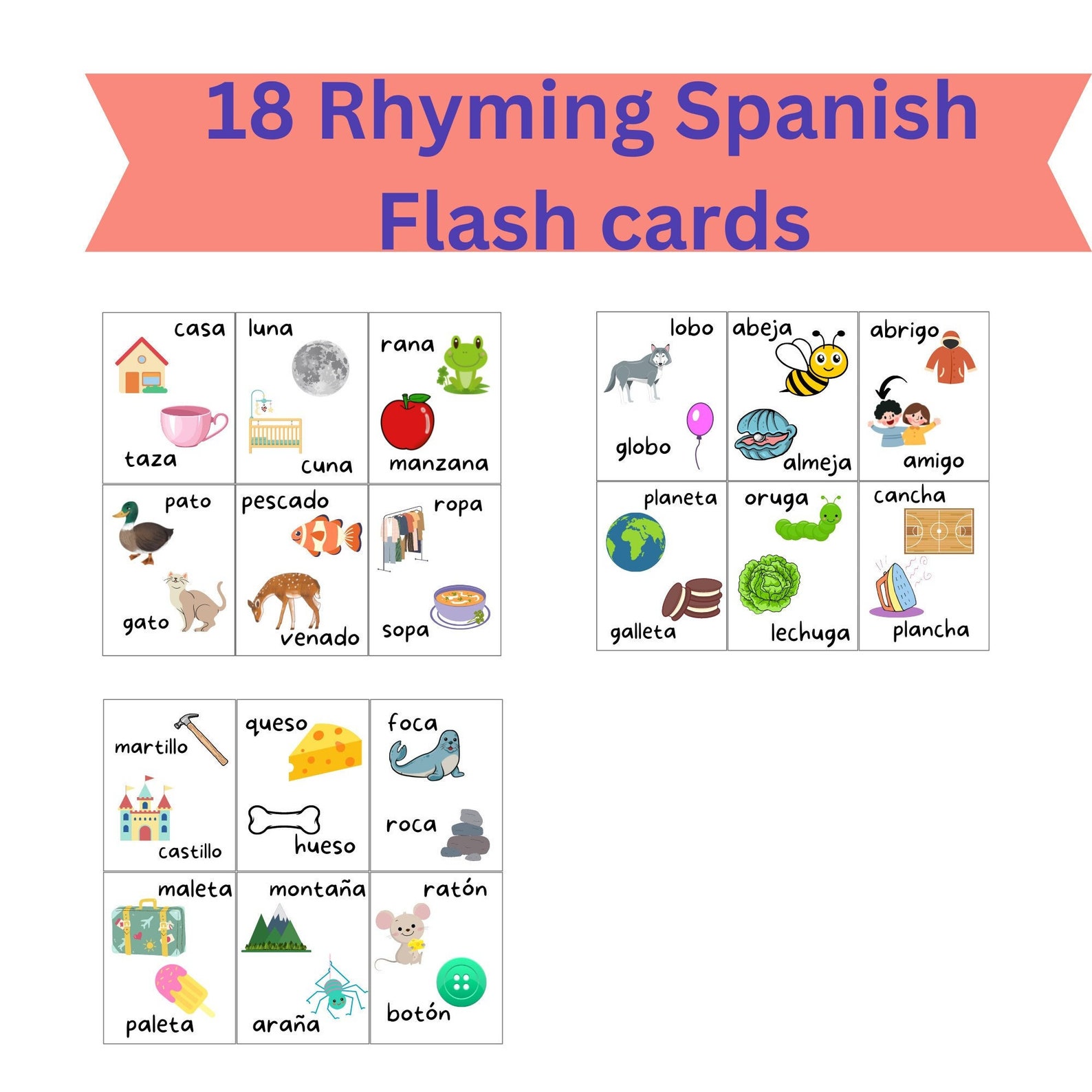 Set of 18 Spanish Rhyming Flash Cards, Preschooleducational Flashcards