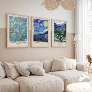 Vincent Van Gogh 3-Piece MDF Wall Art Set - Starry Night, Almond Blossoms - Olive Trees - Modern Minimalist Home & Office Decor