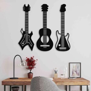 Metal Guitar Wall Art Set of 3-Electric,Acoustic,Bass Guitar Decor-Music Lover Wall Hanging-Rock&Roll Metal Wall Sculpture-Musician Gift