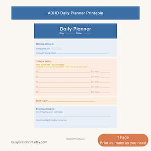 Op de afbeelding: Een printbare ADHD-dagplannerpagina met een blauwe koptekst met de tekst ADHD Daily Planner Printable. De lay-out bevat secties voor een ochtendcheck-in, taken van de dag met geschatte tijden, een vergeet-me-niet-gedeelte en een avondcheck-in.