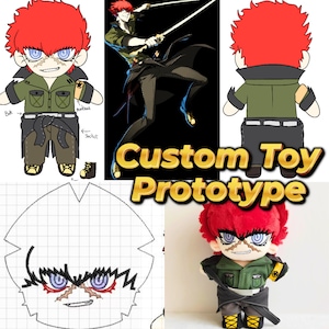Op de afbeelding: Een aangepaste speelgoedprototype met een pluche pop met rood haar, blauwe ogen en gestikte gezichtsdetails. De pop draagt een groene jas, donkere broek en zwarte laarzen. De afbeelding bevat een karakterillustratie en de tekst "Custom Toy Prototype."
