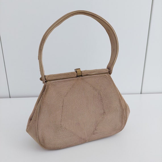 1940s light brown vintage corde handbag, Genuine … - image 4