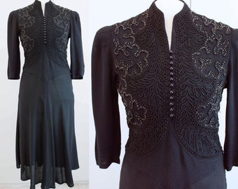 Vestido negro con pedrería años 40, talla 40