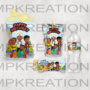May include: A set of party favors featuring a cartoon character named "Jools" with the text "Happy Birthday". The set includes a bag of chips, a juice box, a bottle of water, and a box of Rice Krispies treats.