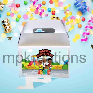 May include: A silver favor box with a colorful cartoon image of children playing at a playground. The box has a handle and says "Happy Birthday" and "JoolsTV" on the front.