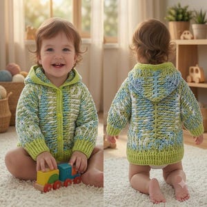 Mönster för virkad babyhoodie – Hexagonmotiv, kofta utan sömmar (0-6 månader) (PDF)