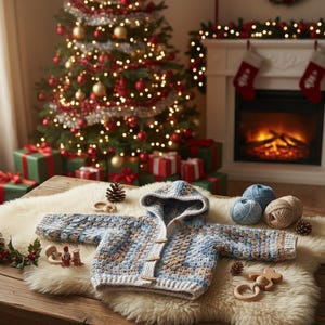 May include: A long-sleeved hooded cardigan featuring a crochet pattern in shades of light blue, beige, and white. The garment includes a front button closure with three wooden toggles and a ribbed hem, displayed alongside yarn balls and wooden toys.