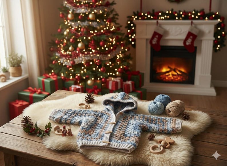 May include: A long-sleeved hooded cardigan featuring a crochet pattern in shades of light blue, beige, and white. The garment includes a front button closure with three wooden toggles and a ribbed hem, displayed alongside yarn balls and wooden toys.