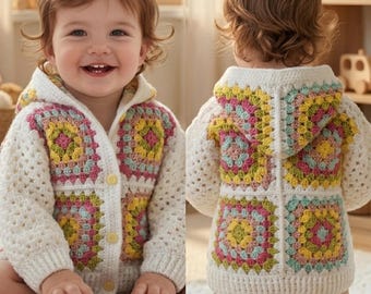 Granny Square Baby Cardigan Pattern PDF, Hooded Crochet Baby Jacket, Scrap Yarn Baby Sweater, PDF + Video Tutorial, Instant Download