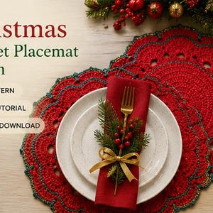 Christmas Crochet Placemat Pattern PDF, Round Scalloped Table Mat, Holiday Table Decor, Video Tutorial, Instant Download