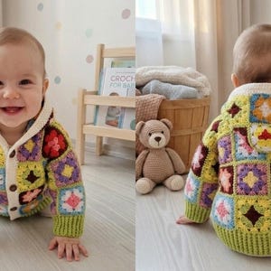 Modèle de pull bébé au crochet – Pull à capuche style grand-mère, avec restes de laine (Téléchargement PDF + Tutoriel vidéo)