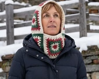 Crochet Mosaic Granny Square Balaclava, Diamond Crochet Hood, Handmade Winter Hat, Cozy Ski Mask, Wool Hood