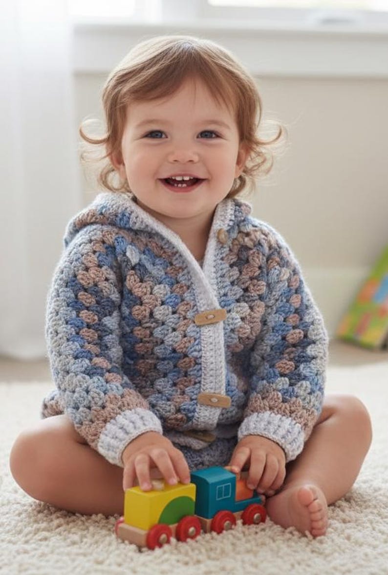 Baby hoodie crochet pattern available in English and French, size customizable, newborn to 3 months PDF