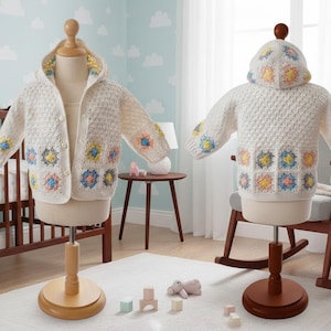 May include: Cream-colored, hooded baby sweater with colorful floral accents. The sweater features a textured knit design and is displayed on a mannequin. The hood and sleeves are adorned with square floral patterns in shades of yellow, blue, and peach.