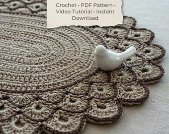 Crochet Oval Placemat Pattern PDF, Decorative Fan Edge, Video Tutorial, Instant Download