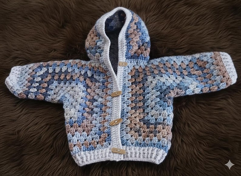 May include: A hooded cardigan featuring a granny square crochet pattern in shades of blue, tan, and white. The garment includes long sleeves, a white crocheted border along the front opening and hood, and three light-colored wooden toggle buttons.