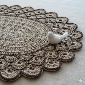 Puede incluir: Un tapete ovalado de ganchillo hecho a mano en beige y marrón. El tapete presenta un borde festoneado y un borde decorativo. Una pequeña figura de pájaro de cerámica blanca descansa sobre el tapete. Ideal para la decoración del hogar.