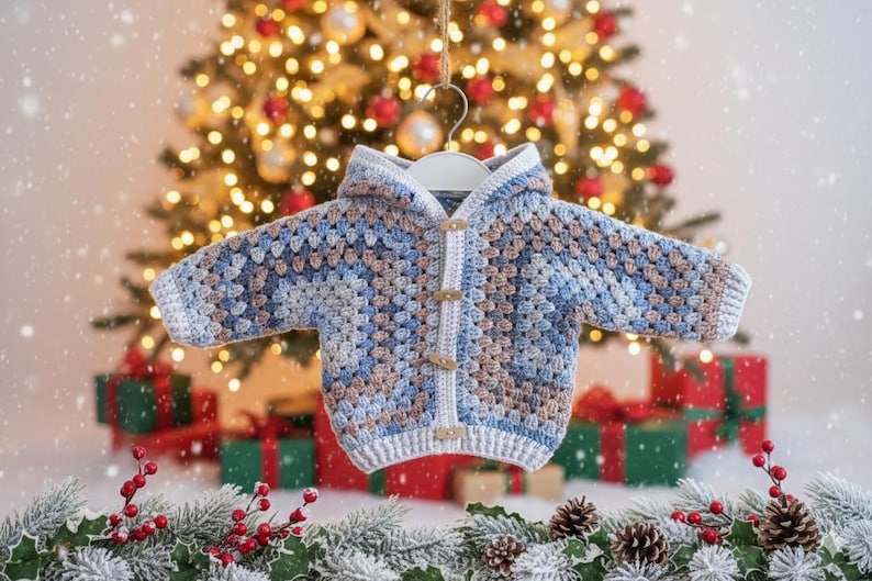 May include: A hooded cardigan featuring a crochet granny square pattern in shades of blue, white, and tan. The garment includes a white crocheted border along the front opening, long sleeves, and four light brown wooden toggle buttons for closure.