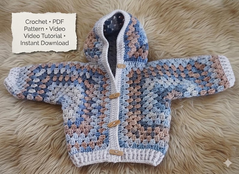 Crochet baby hoodie pattern, hooded granny square jacket, ombre variegated yarn, PDF and video tutorial instant download