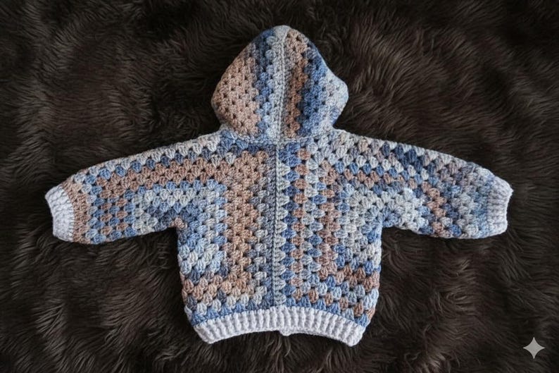 May include: A long-sleeve hooded sweater crafted with a granny square crochet pattern. The garment features a color palette of muted blue, light grey, and soft tan tones, finished with a solid light grey ribbed hem and sleeve cuffs.