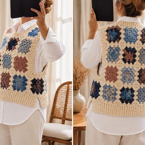 May include: A sleeveless crochet vest featuring a granny square pattern in shades of cream, blue, and brown. The garment has a ribbed cream-coloured hem, a round neckline, and side slits. The design is displayed from both the front and back views.