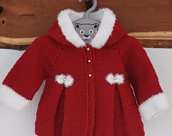 Crochet Christmas Baby Hoodie Cardigan PDF – Red & White Fluffy Yarn with Video 3 to 24 Months