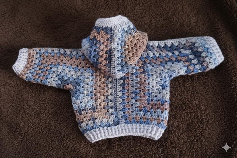 May include: A hooded sweater crafted with a crochet granny square pattern in shades of blue, tan, and white. The garment features long sleeves, a hood, and solid white ribbed trim along the cuffs, the bottom hem, and the edge of the hood opening.