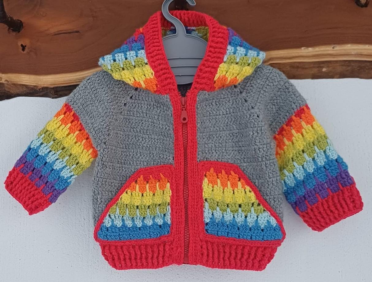 30 Crochet Baby Clothes Bonnets, Booties, Blankets, and Cardigans 18 Crochet Rainbow Zipper Baby Hoodie