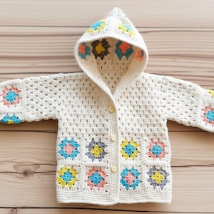 Hooded Granny Square Baby Cardigan Crochet Pattern – Scrap Yarn Jacket (PDF + VideoTutorial)