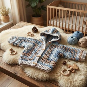Hooded granny square baby jacket pattern, body formed by joining 2 large hexagon motifs, no complicated shaping