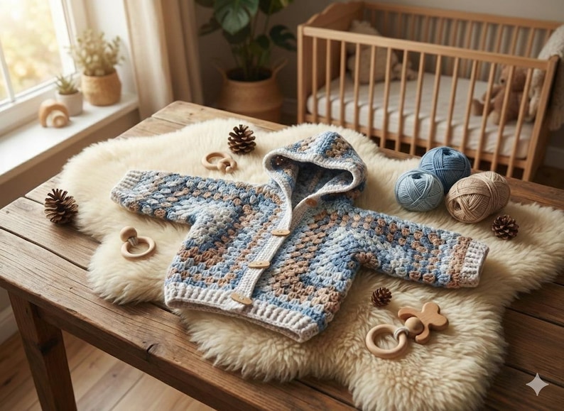 Hooded granny square baby jacket pattern, body formed by joining 2 large hexagon motifs, no complicated shaping