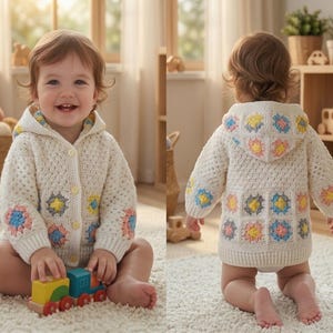 Crochet Granny Square Baby Cardigan PDF Pattern, Hooded Baby Jacket, Scrap Yarn Crochet Pattern, Baby Sweater Tutorial, Instant Download
